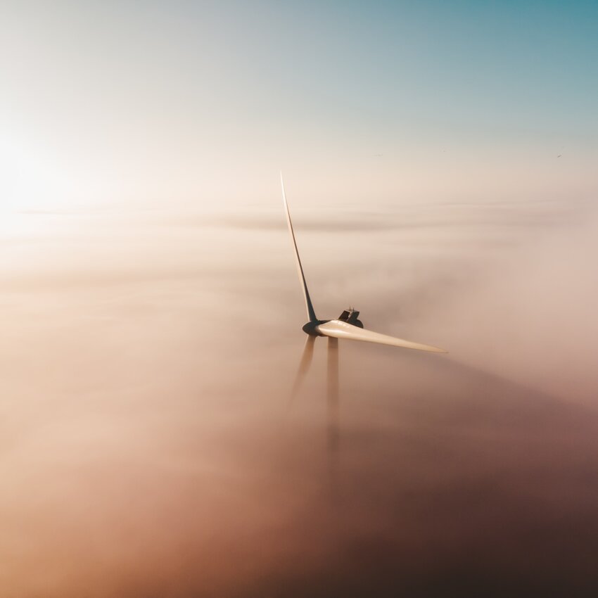 Wind turbine in the fog