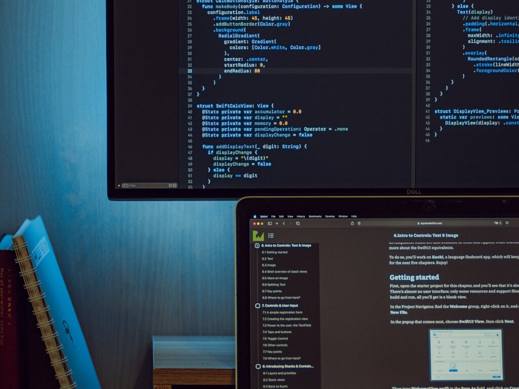 Code Workplace with multiple screens with code