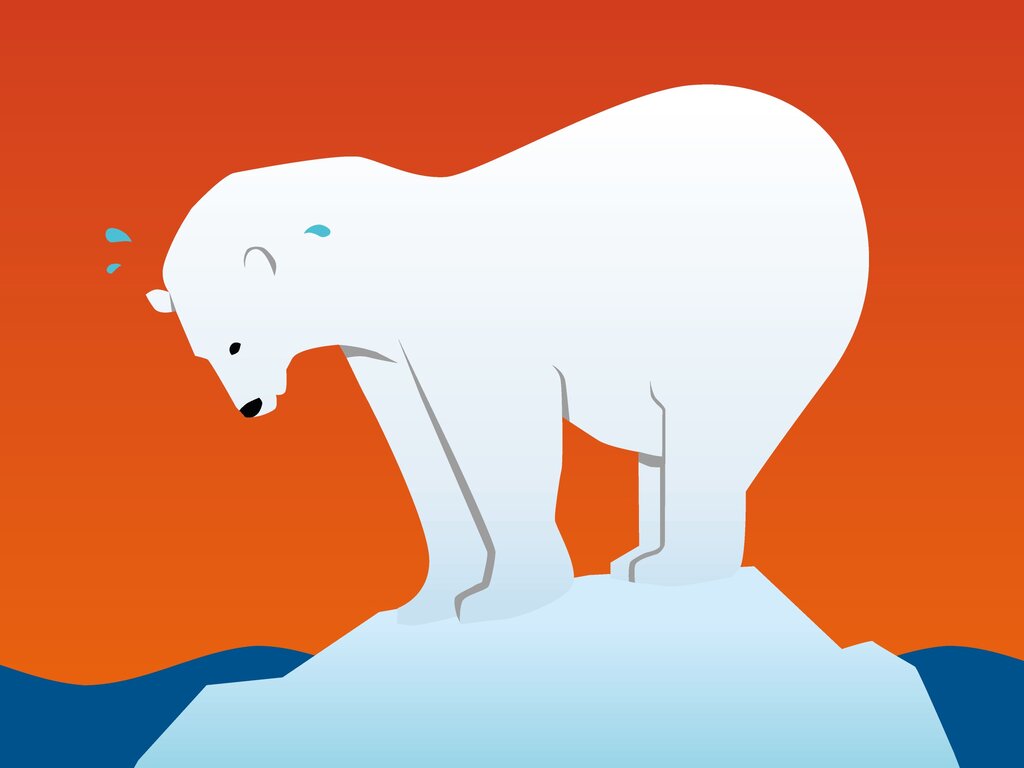 Zeichnung eines Eisbären auf einer kleinen Eisscholle. Der Eisbär schwitzt.